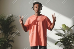 Young man peace sign coral shirt image Product Image 1
