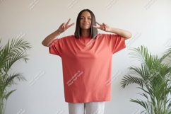 Woman peace sign coral shirt image Product Image 1