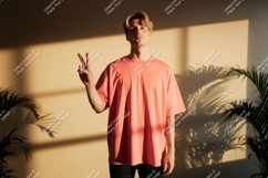 Man wearing coral t shirt with peace sign Product Image 1