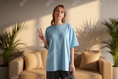 Woman wearing blue t-shirt peace sign Product Image 1