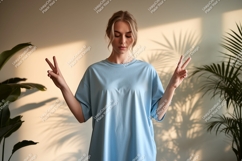 Woman wearing light blue t-shirt peace sign image Product Image 1