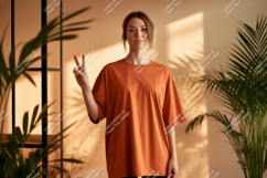 Woman wearing orange t shirt peace sign image Product Image 1