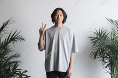Young man grey t shirt peace sign plants Product Image 1