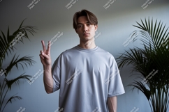 Young Man Peace Sign Casual Gray T Shirt Mockup image Product Image 1