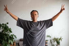 Woman peace sign dark shirt image Product Image 1