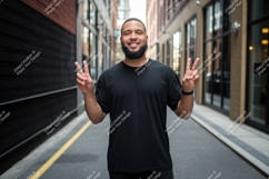 Man black shirt peace sign urban street image Product Image 1