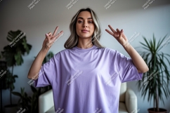 Woman wearing lavender t shirt peace sign image Product Image 1