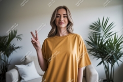 Woman wearing mustard t shirt peace sign image Product Image 1