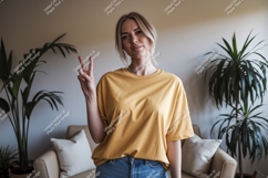 Blonde Woman Peace Sign Yellow Shirt Product Image 1