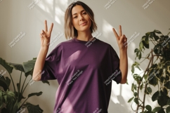 Young Woman Peace Sign Purple T Shirt Mockup image Product Image 1