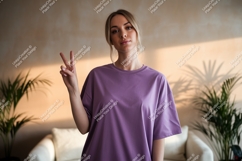 Woman wearing purple t-shirt peace sign image Product Image 1