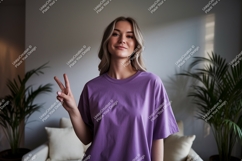 Young woman peace sign purple shirt Product Image 1
