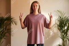 Woman wearing pink t shirt t-shirt peace Product Image 1