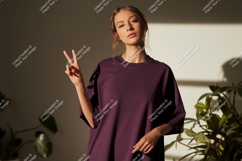 Young Woman Wearing Purple T Shirt Peace Sign t-shirt Product Image 1