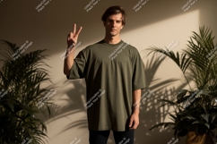 Man wearing olive t shirt peace sign image Product Image 1