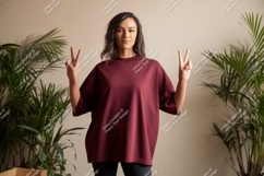 Woman wearing maroon t shirt peace sign t-shirt Product Image 1
