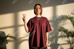 Woman wearing burgundy t shirt peace sign image Product Image 1