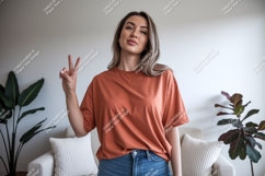Woman peace sign casual orange Product Image 1