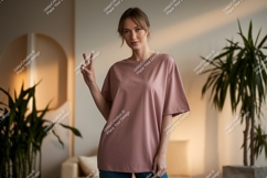 Woman wearing pink t-shirt peace sign image Product Image 1
