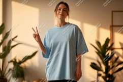 Woman wearing light blue t shirt showing peace sign Product Image 1