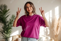 Woman wearing magenta t shirt peace sign image Product Image 1