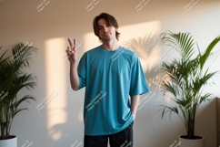 Man wearing teal t shirt peace sign t-shirt Product Image 1