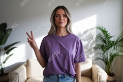 Woman purple t shirt peace sign image Product Image 1