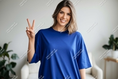 Woman wearing blue t shirt peace sign image Product Image 1