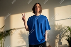 Young man blue shirt peace sign image Product Image 1