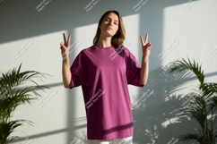 Woman wearing magenta t shirt peace sign image Product Image 1