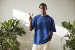 Young man peace sign blue shirt image Product Image 1