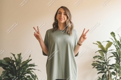 Woman wearing green t shirt peace sign image Product Image 1