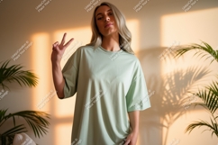 Woman wearing light green t shirt peace sign mockup Product Image 1