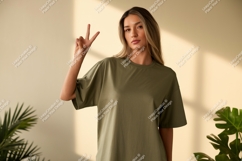 Woman wearing olive green t shirt peace sign image Product Image 1