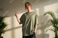 Young woman peace sign olive green t shirt mockup image Product Image 1