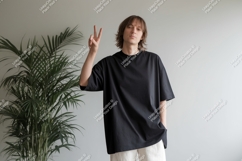 Person wearing black t-shirt and white pants image Product Image 1