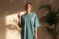 Woman wearing teal t shirt peace sign t-shirt Product Image 1