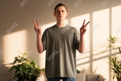 Young man peace sign gesture image Product Image 1