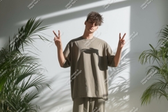 Young man peace sign casual wear male t-shirt Product Image 1