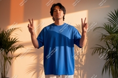 Man blue shirt peace gesture plants image Product Image 1