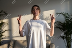 Woman white t shirt peace gesture image Product Image 1