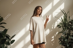 Woman wearing plain t shirt peace sign mockup Product Image 1
