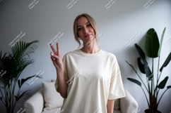 Woman wearing cream t shirt peace sign image Product Image 1