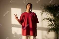 Man wearing red shirt making peace sign image Product Image 1