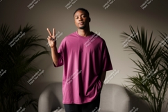 Man wearing magenta t shirt peace sign image Product Image 1