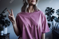 Woman pink shirt peace gesture image Product Image 1