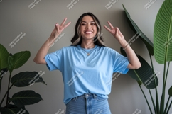 Young woman blue t shirt peace sign t-shirt Product Image 1