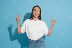 Young woman peace sign white t shirt blue jeans image Product Image 1