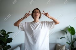 Woman white t shirt peace sign image Product Image 1
