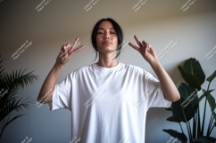 Woman wearing white t shirt making peace sign t-shirt Product Image 1
